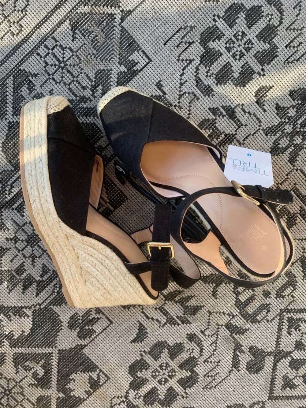 Time and Tru Black Espadrille Wedge Sandals with Gold Buckle